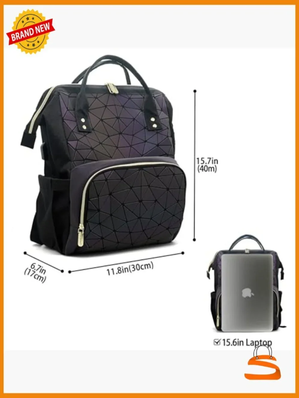 Geometric Holographic Laptop Backpack USB Port Travel Daypack